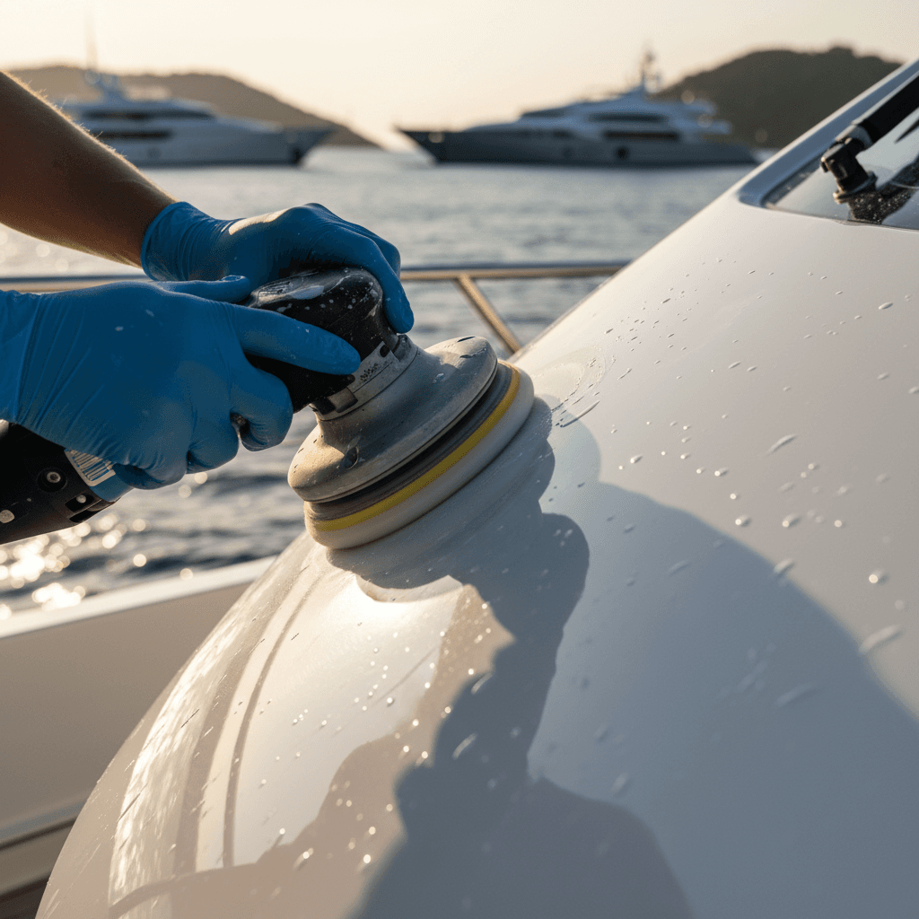 Technician's hands polishing a white yacht hull with professional equipment under golden sunlight